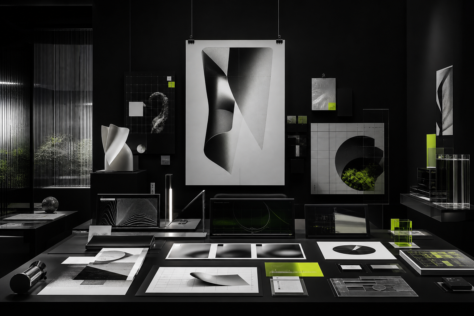 Dark graphic design showroom installation with print and layout objects